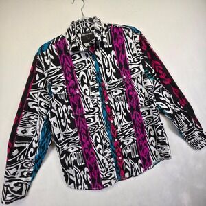 Frontier Series Shirt Womens L Black White Western Abstract Retro Cowgirl Blouse